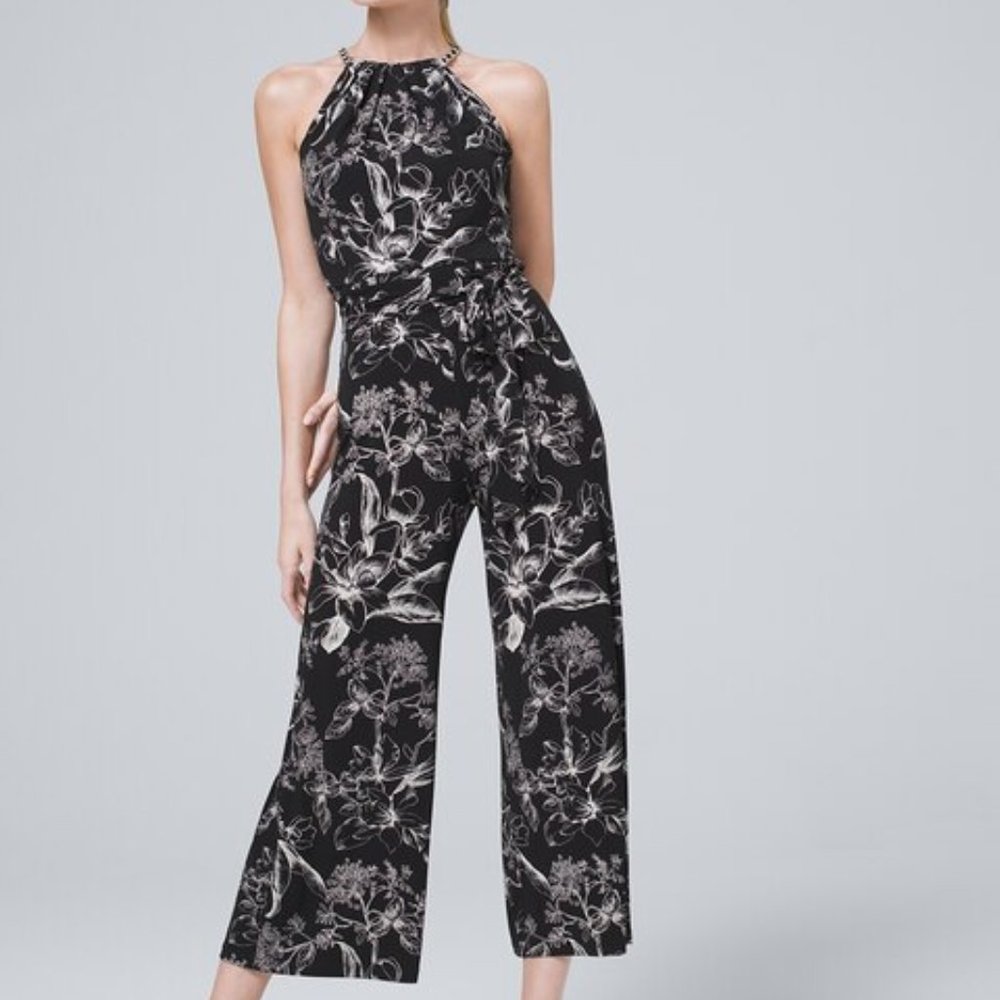 White House Black Market - Chain-Detail Floral Knit Cropped Jumpsuit